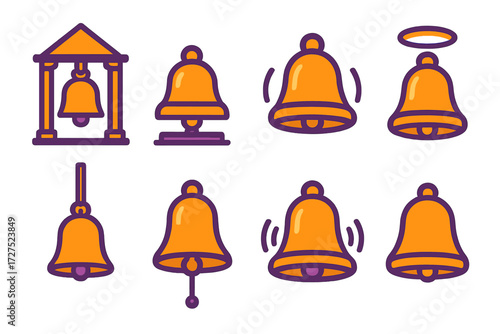 Vibrant Sacred Bells. Sacred bell in modern flat vector : temple bell, altar bell, swinging bell, bell with halo, processional bell, bronze bell,