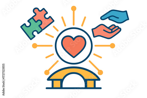 Community Support Network. Support network in modern flat vector : community circle, radiating lines, puzzle pieces, helping hand, bridge arch, heart