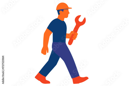 Vibrant Worker Silhouette. Male figure in modern flat vector : worker silhouette, carrying tool, upright stance, steady walk, focused profile, strong