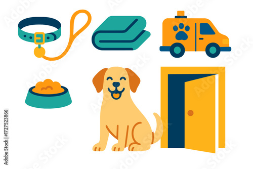 Modern Animal Shelter. Animal shelter in modern flat vector : leash and collar, cozy blanket, rescue truck, feeding dish, happy pet, open door