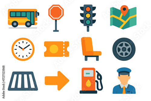 Modern Bus Icon Set. Transport bus in modern flat vector : road, stop sign, traffic light, map, clock, ticket, seat, wheel, fuel pump, driver,