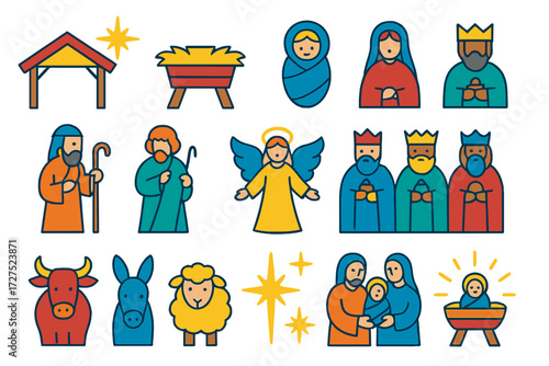 Modern Nativity Scene. Nativity icons in modern flat vector : stable, manger, baby in cradle, Mary figure, Joseph figure, shepherd figure, angel