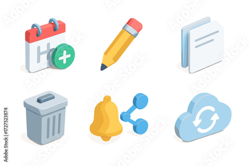 Isometric Icons Collection. Scheduling actions set icons in modern isometric flat : event plus sign, pencil edit, drag handle, duplicate pages, trash