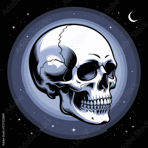 Skull against a starry night with crescent moon. Perfect for halloween designs or edgy themed projects for dark aesthetic.