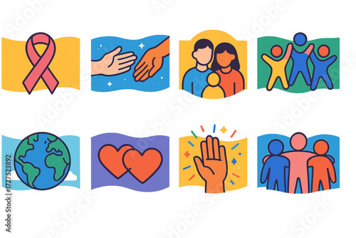 Colorful Community Icons. Community banners in modern flat vector : awareness ribbon banner, support hands banner, family circle banner, group unity