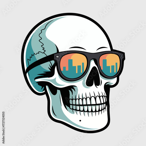 Skull in sunglasses with city reflection. Suitable for urban, trendy, fashion design projects needing edgy elements.