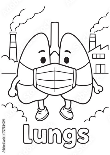 coloring book lungs with mask near factory pollution, anatomy design for kids