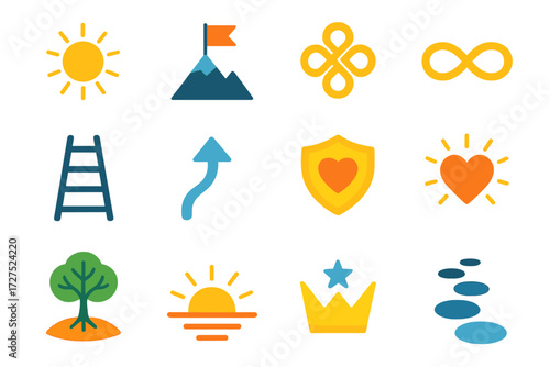 Symbolic Icon Array. Symbolic step ladder in modern flat vector : radiant sun, mountain peak with flag, harmony knot, infinity loop, ladder steps,
