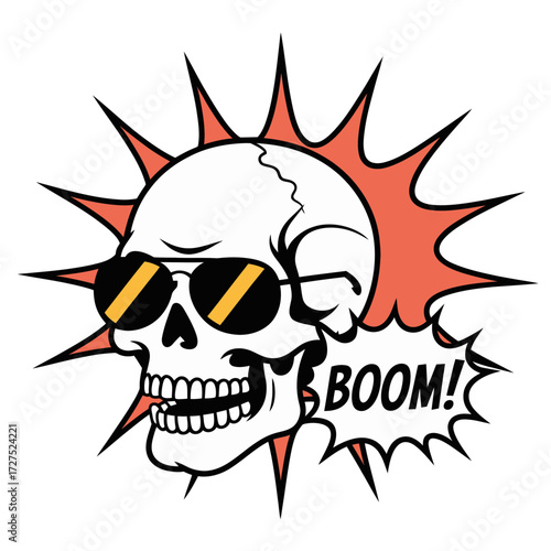 Skull with sunglasses and boom speech bubble ideal for designs related to coolness, music, attitude, and pop culture merchandise.