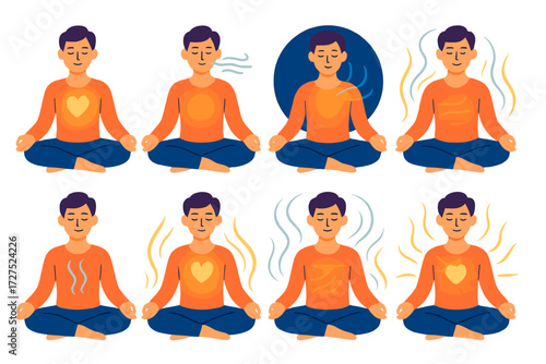 Radiant Meditation Scene. Breath meditation in modern flat vector : person in lotus, chest glow, airflow symbols, serene face, meditating aura,