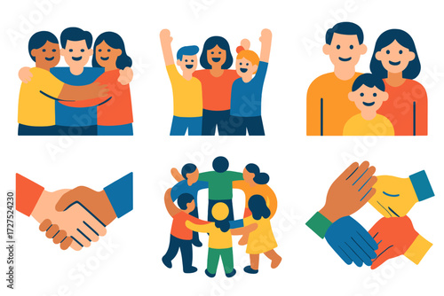 Vibrant Community Unity. Community joy in modern flat vector : group hug, circle of friends, cheering crowd, children playing, family smile, handshake