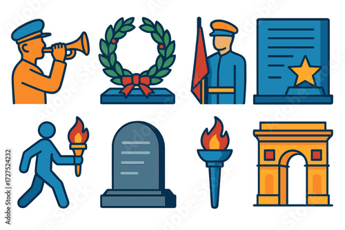 Ceremonial Tribute Icons. Ceremonial tribute in modern flat vector : trumpet salute, wreath laying, guard of honor, ceremonial flag, memorial wall,