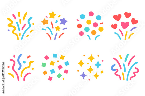 Vibrant Confetti Bursts. Party confetti in modern flat vector : colorful confetti burst, star confetti burst, circle confetti burst, heart confetti