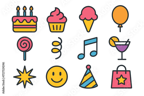 Vibrant Birthday Icons. Birthday unbox in modern flat vector : cake, cupcake, ice cream, lollipop, balloon, streamer, music note, drink glass,