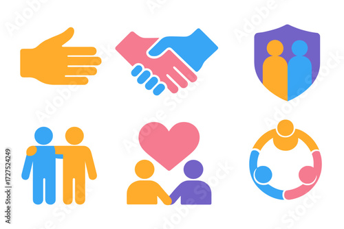 Unity and Support Icons. Support symbols in modern flat vector : helping hand, strong handshake, back-to-back stance, shield with two figures, linked