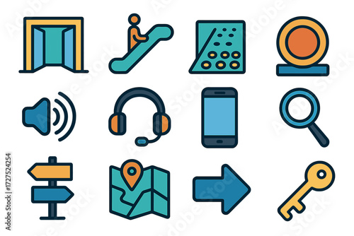 Modern Accessibility Icons. Accessible design in modern flat vector : wide doorway, escalator, tactile path, large button, voice icon, headset,