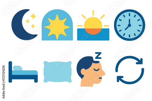 Modern Circadian Icon Cycle. Circadian cycle in modern flat vector : moon and sun, starry night, sunrise horizon, clock dial, restful bed, pillow icon