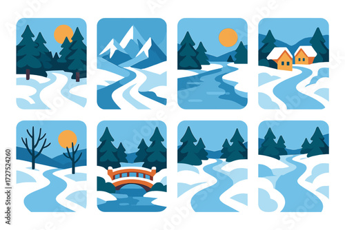 Winter Path Icons. Winter trails in modern flat vector : snowy forest path, icy mountain path, frozen river path, snowy village road, frosty hill path