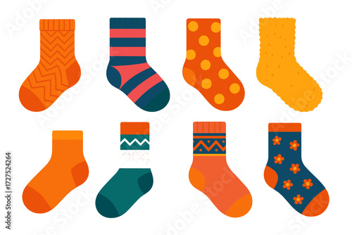 Colorful Cozy Socks. Cozy socks in modern flat vector : wool socks, striped socks, polka dot socks, fuzzy socks, knitted socks, ankle socks, long warm