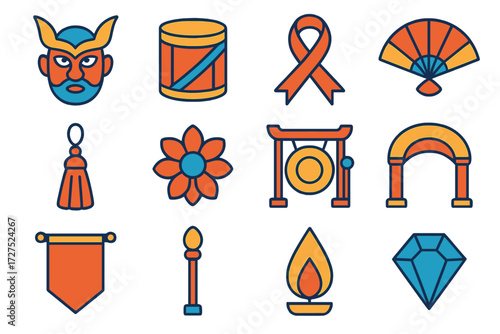 Ceremonial Icons Collection. Ceremonial hat in modern flat vector : mask, drum, ribbon, fan, tassel, flower, gong, arch, banner, staff, candle flame,