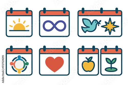 Vibrant Calendar Icons. Symbolic calendars in modern flat vector : sunrise calendar, infinity loop calendar, guiding star calendar, peace dove