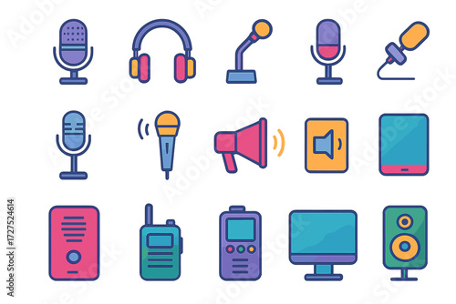 Vibrant Device Icons. Device icons in modern flat vector : microphone, headset, podium mic, lapel mic, standing mic, radio mic, megaphone, loudspeaker