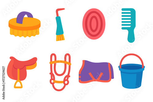 Equestrian Care Icons. Basic care in modern flat vector : horse grooming brush, hoof pick, curry comb, mane comb, saddle, bridle, horse blanket, water