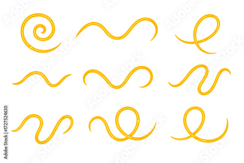 Vibrant Luminous Swirls. Shiny thread in modern flat vector : bright curl, glowing wavy line, spark thread, tinsel rope, glitter line, twisted sparkle