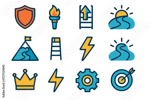 Vibrant Icon Collection. Strong mind icon in modern flat vector : shield, torch, arrow, mountain peak, ladder, path, sunrise, crown, lightning bolt,