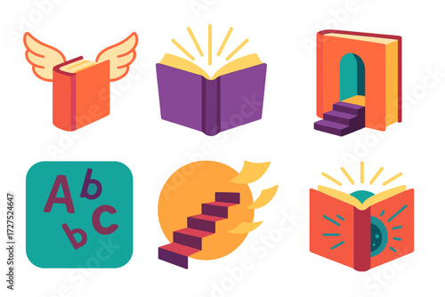 Enchanted Book Portal. Fantasy escape in modern flat vector : book with wings, open glowing novel, doorway from book, floating letters, stairs upward,