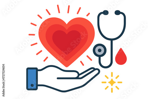 Heart Health Illustration. Heart check in modern flat vector : layered heart, radiating lines, stethoscope icon, blood drop, open hand, shining aura [