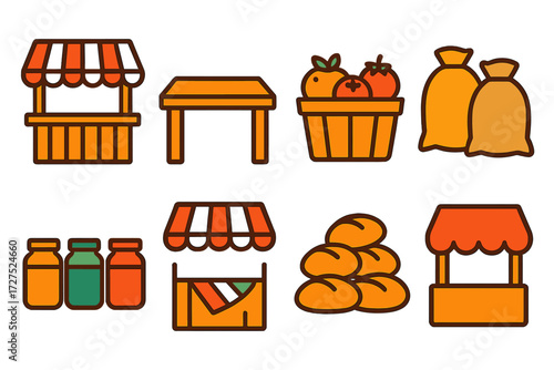 Vibrant Outdoor Market Stall. Outdoor stall in modern flat vector : striped roof, wooden table, produce baskets, grain sacks, jars in row, folded