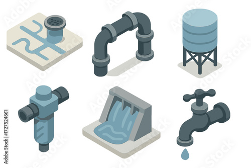 Isometric Infrastructure Icons. Infrastructure set icons in modern isometric flat : drainage map, pipeline, water tank, filter, dam, faucet