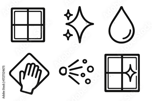 Shiny Cleaning Icons. Shiny glass icons in outline style: window frame, sparkle icon, water droplet, cloth wipe, spray mist, clean pane