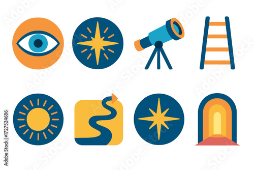 Visionary Icons Collection. Vision ahead in modern flat vector : eye in circle, starburst, telescope view, ladder upward, radiant orb, roadmap icon,
