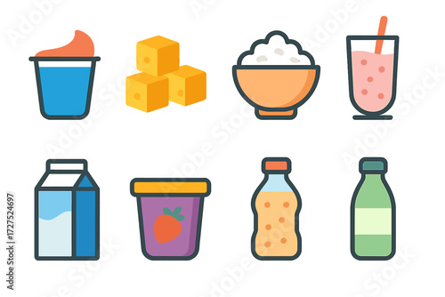 Colorful Dairy Icons. Dairy snacks in modern flat vector : yogurt cup, cheese cubes, cottage cheese bowl, smoothie glass, milk carton, fruit yogurt,