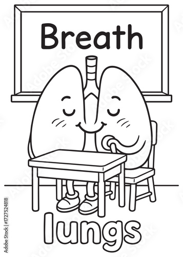 coloring book lungs learning breath in classroom, anatomy educational for kids