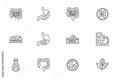 Digestive System and Probiotics Line Art Icons