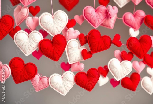 A lush garland of interconnected felt hearts, varying in size and shade of red, pink, and white, valentines, white