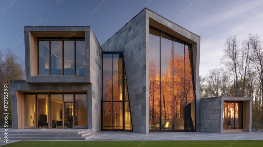 Fototapeta premium Modern villa with angular geometric architecture, stone and concrete cladding, large glass windows reflecting nature,