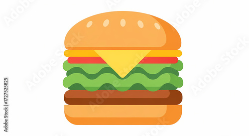 Hamburger with cheese and lettuce in a flat design style with bright lighting for fast food advertising.