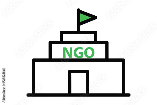 Illustration of an ngo building with a green flag on top, , representing a nongovernmental organization and its mission to help people in need
