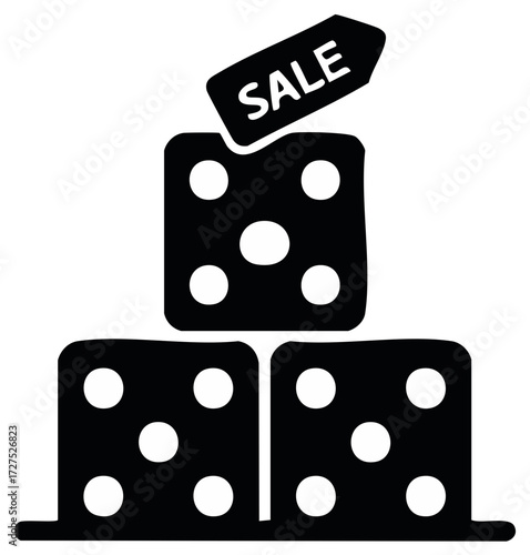 Stack of three dice blocks with sale tag discount promotion commercial marketing icon