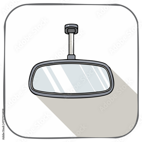 Illustration of a car interior rearview mirror hanging from the ceiling with a gray frame