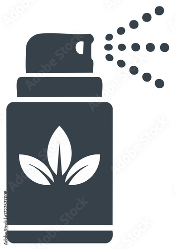 Dark blue spray bottle with leaf emblem spraying mist droplets for natural products or air freshener