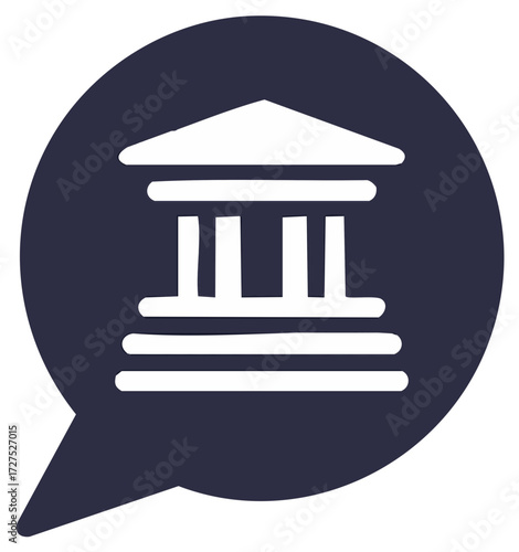 Speech bubble containing a simplified ancient Greek building icon representing dialogue or communication about institutions and law