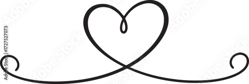 Elegant black line art heart with swirling flourishes on white background love romance