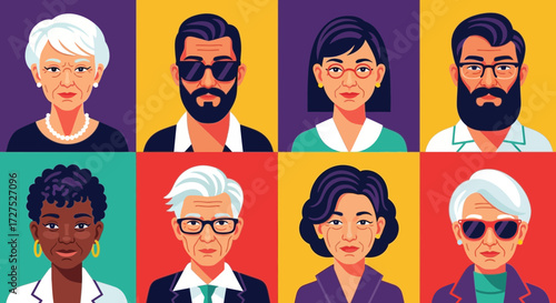 A diverse collection of eight illustrated portraits showcasing people of various ages, genders, and ethnicities against colorful, segmented backgrounds