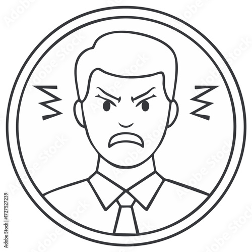 Angry man portrait in a round frame with lightning bolt signs