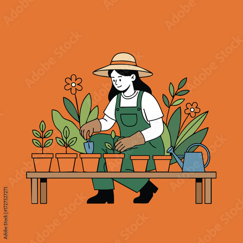 A person plants in pots on a table outdoors surrounded by lush greenery